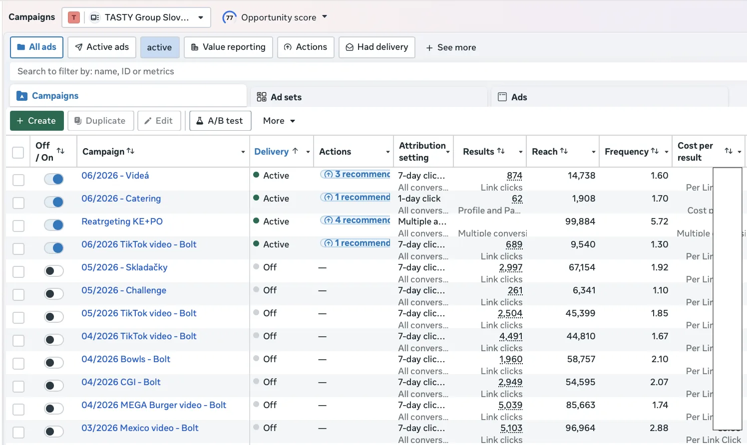 TASTY Group Slovakia — Ads Manager — Meta Ads screenshot