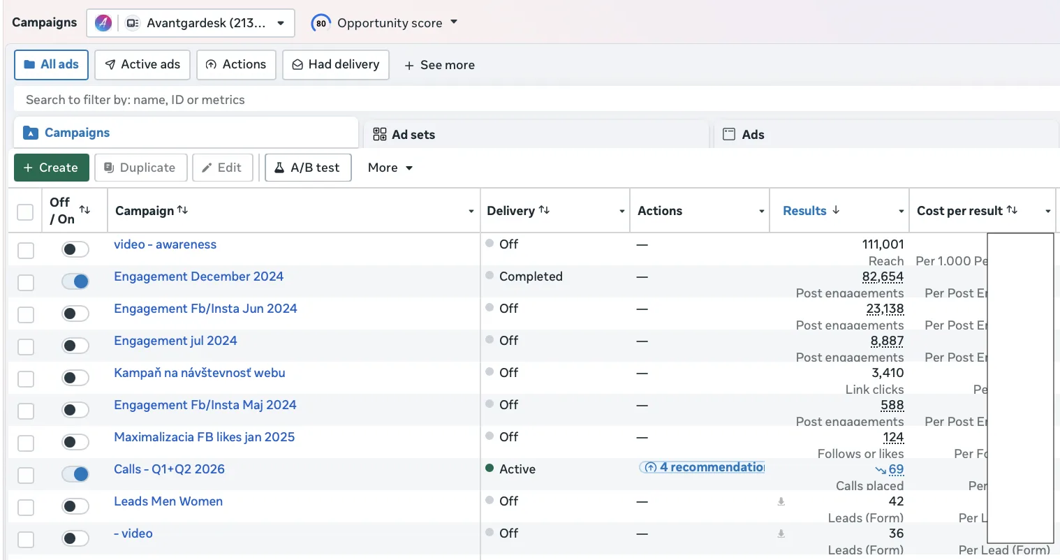 Avantgardesk — Ads Manager — Meta Ads screenshot