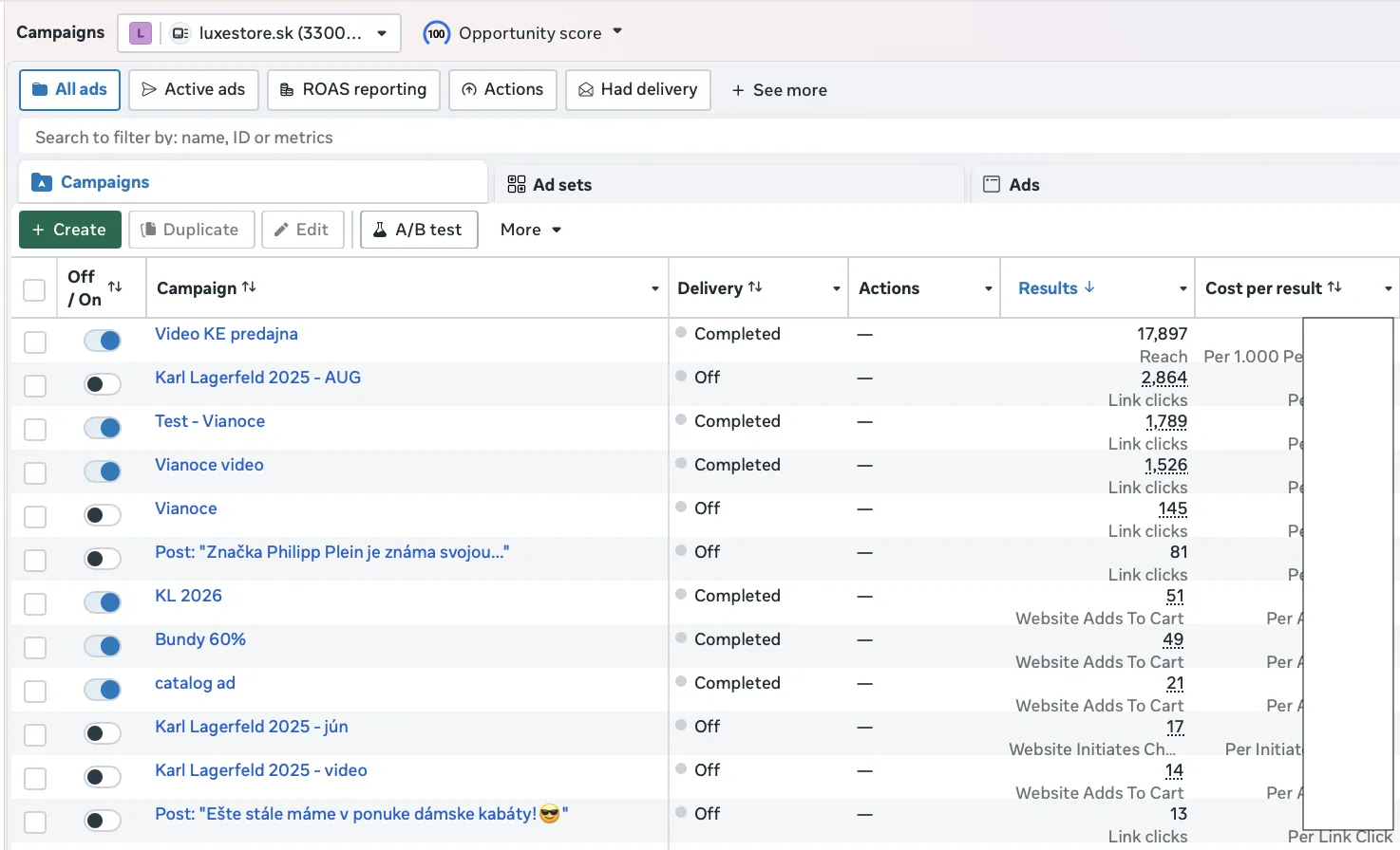 luxestore.sk — Ads Manager — Meta Ads screenshot