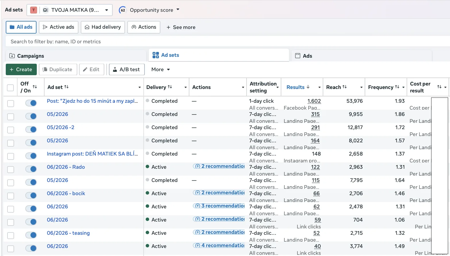 TVOJA MATKA — Ads Manager — Meta Ads screenshot