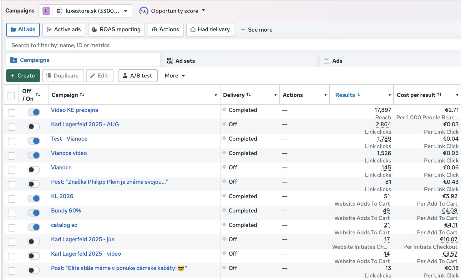 luxestore.sk — Ads Manager — Meta Ads screenshot
