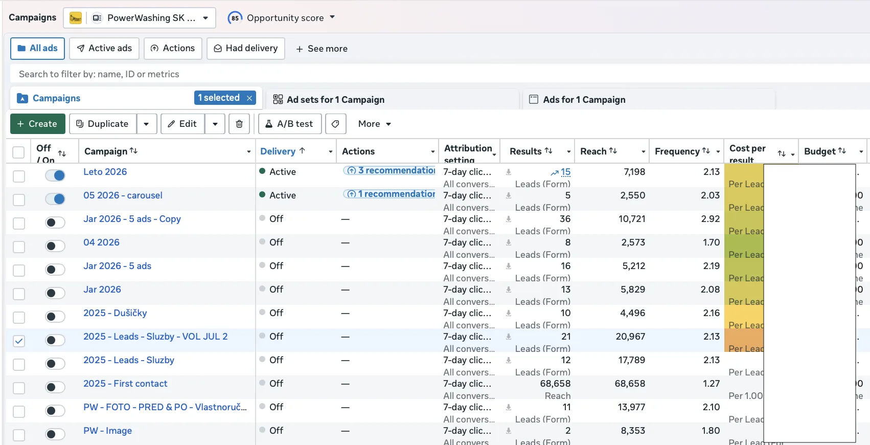 PowerWashing SK — Ads Manager — Meta Ads screenshot