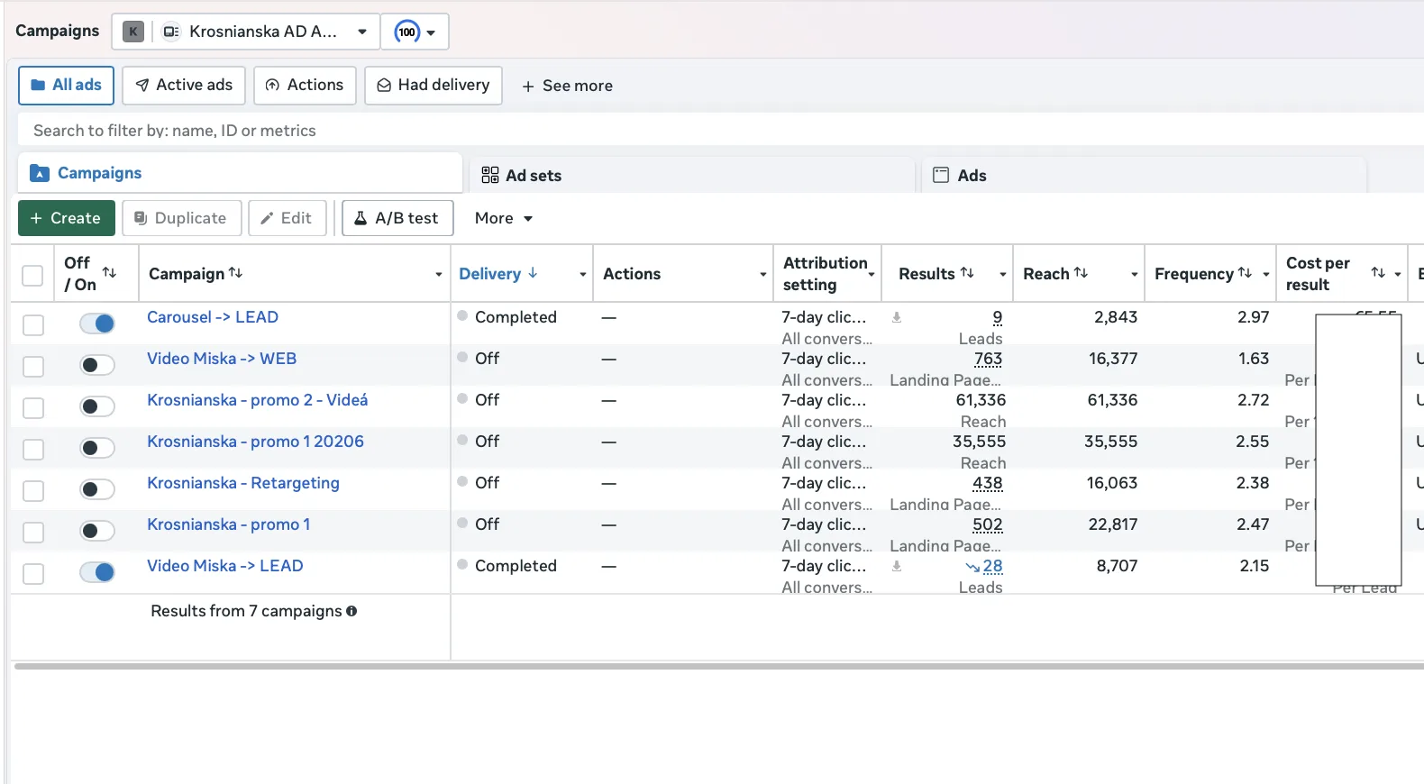 Krosnianska AD Account — Ads Manager — Meta Ads screenshot